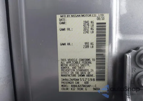 2010 Nissan Altima 2.5 S z USA, uszkodzony, nr VIN 1N4AL2AP0AN557598